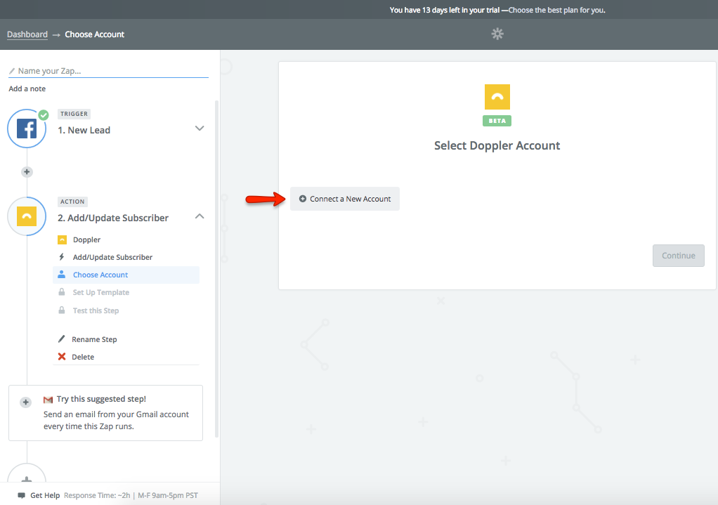 Doppler- Facebook Lead Ads Integration - Select Connect a new account option