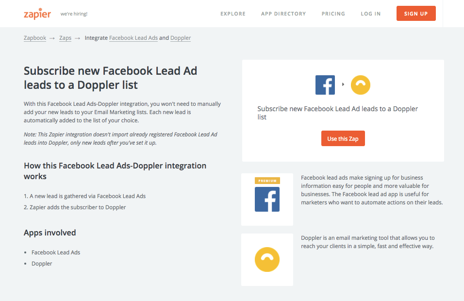 Integración Doppler - Facebook Lead Ads: Use this zap