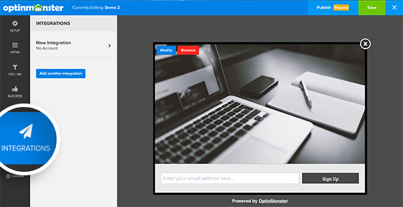 Accede a la opción "Integrations" dentro de OptinMonster.