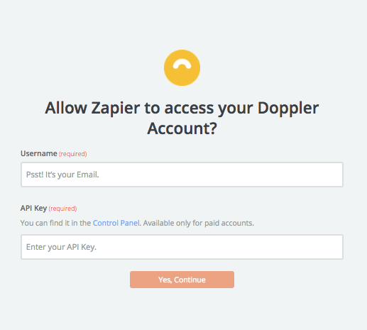Zapier solicitará el usuario y API Key de tu cuenta de Doppler.