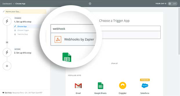 Selecciona "Webhooks" como "Trigger App" en Zapier.