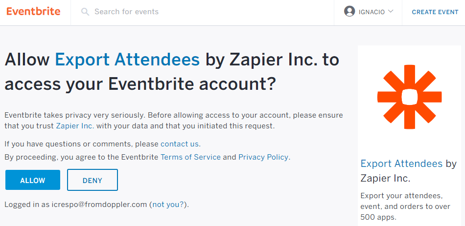 Allow Zapier to access your Eventbrite account.