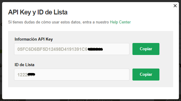 Aquí puedes visualizar tu API Key y ID de Lista.