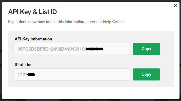 Copy your “API Key” and “List ID” info. 