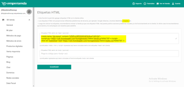 pegar codigo en empretienda