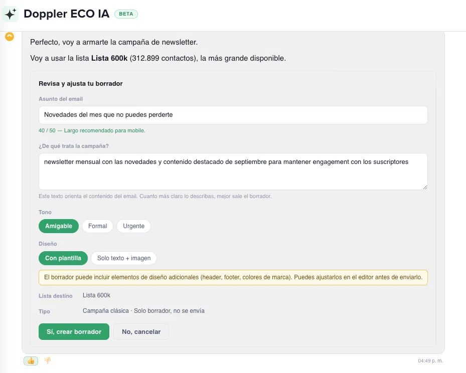 El borrador antes de confirmar: Asunto con contador de caracteres, descripción, tono, diseño y Lista destino.
