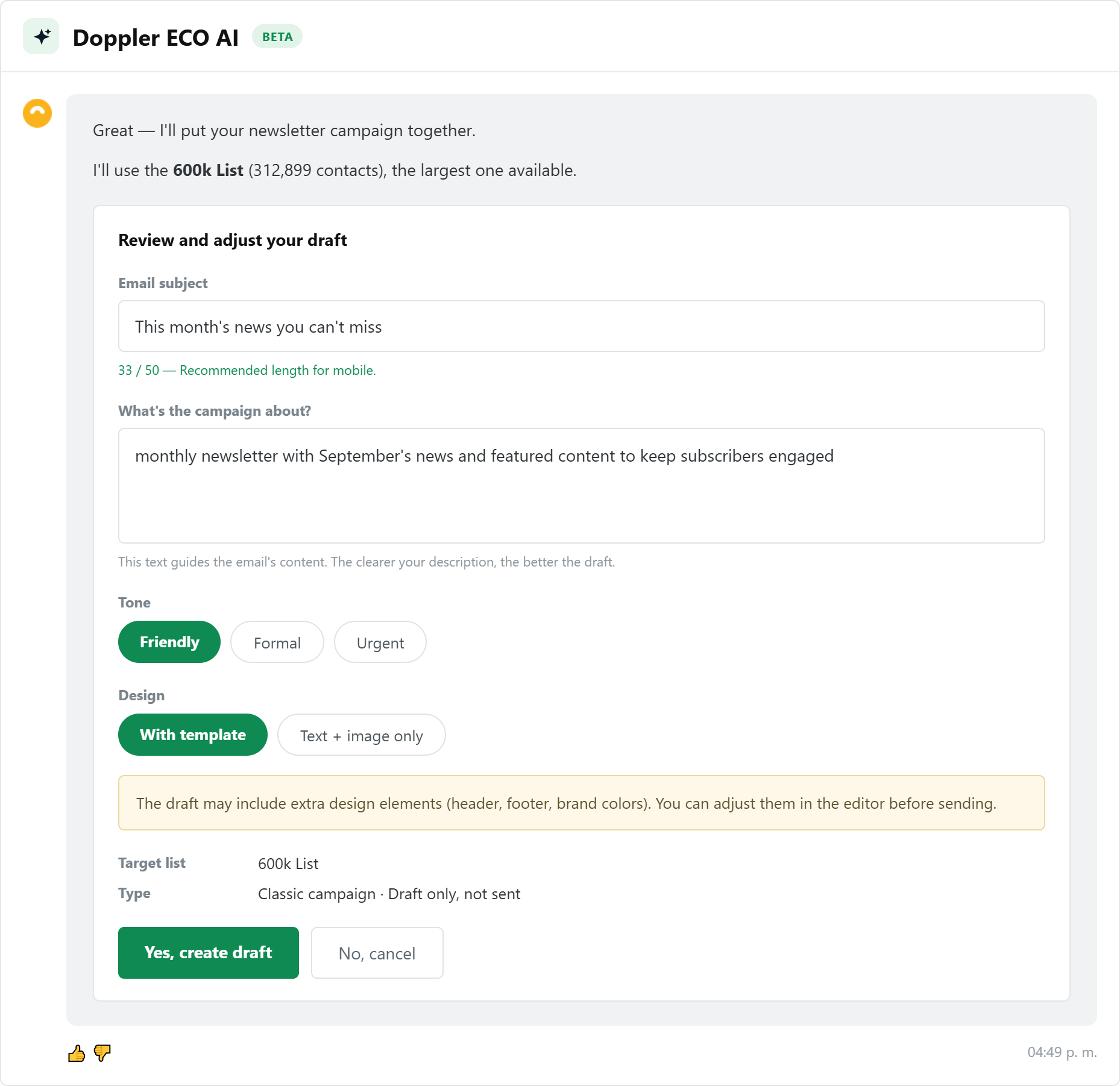 The draft before confirming: Subject Line with character counter, description, tone, design, and target List.